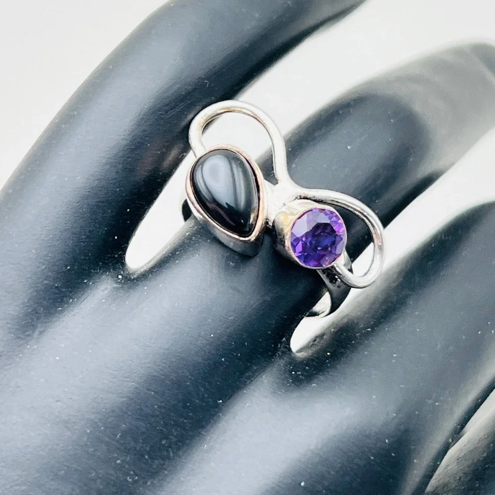 Silver Tone Bypass Ring Amethyst‎ Black Cabochon Stone Size 6 Boho Chic